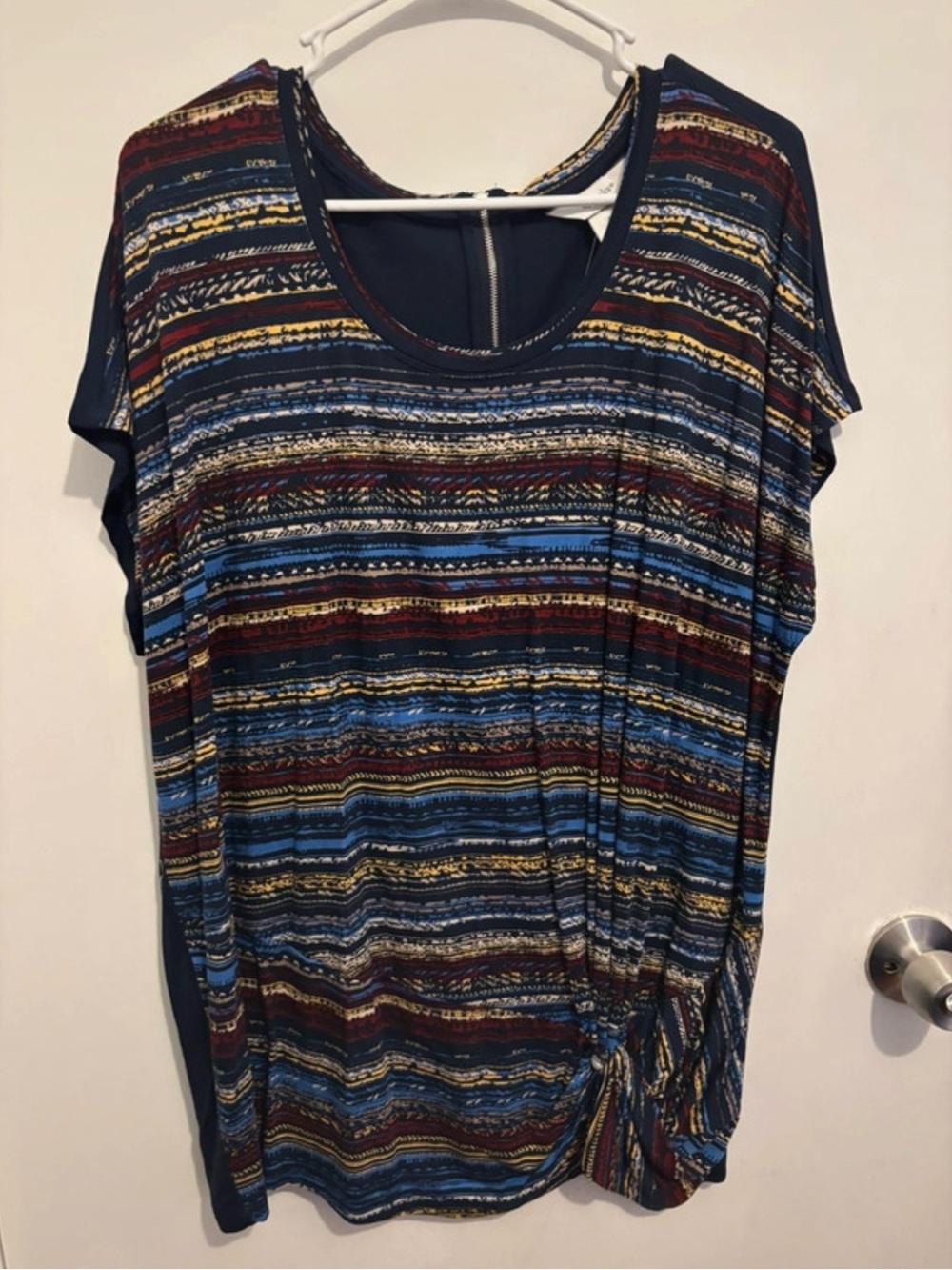 CJ Banks Navy Striped Short-Sleeve Tunic with Multi Color Accents